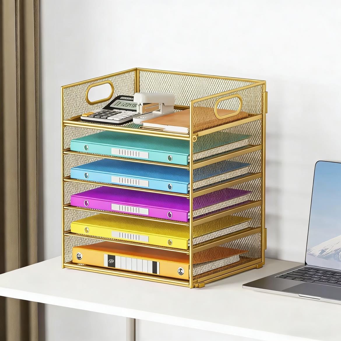 Lavatino 5 Tray Desk File Organizer, Black Mesh Paper Sorter Letter Tray Organizer with Handle, Desktop File Organizer and Storage for Letter/A4 Office File Folder