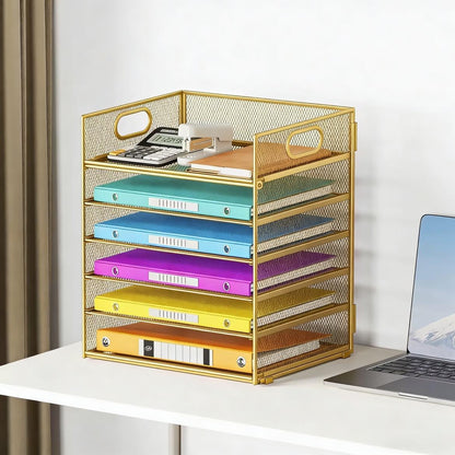 Lavatino 5 Tray Desk File Organizer, Black Mesh Paper Sorter Letter Tray Organizer with Handle, Desktop File Organizer and Storage for Letter/A4 Office File Folder