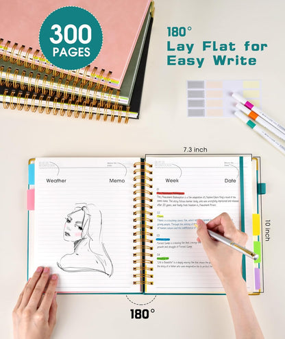 Hardcover Spiral Notebook Journal with Removable Dividers Tabs, 300 Pages Leather 5 Subject Notebook College Ruled, 8"x10" Large B5 Notebooks for Work School Note taking, Lined Journal for Women, Pink