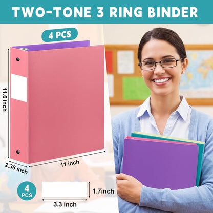Henoyso 4 Pack Plastic Two-Tone View 3 Ring Binder, 1 Inch Round Ring Binder with Four Inner Pockets, Heavy Duty View Binders for School and Office, Pink, Teal, Purple and Lime (Clear Font Pocket)