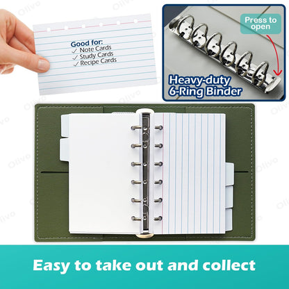 3x5 Lined Index Cards with Ring Binder Holder and Dividers, 100 Note Cards, Green