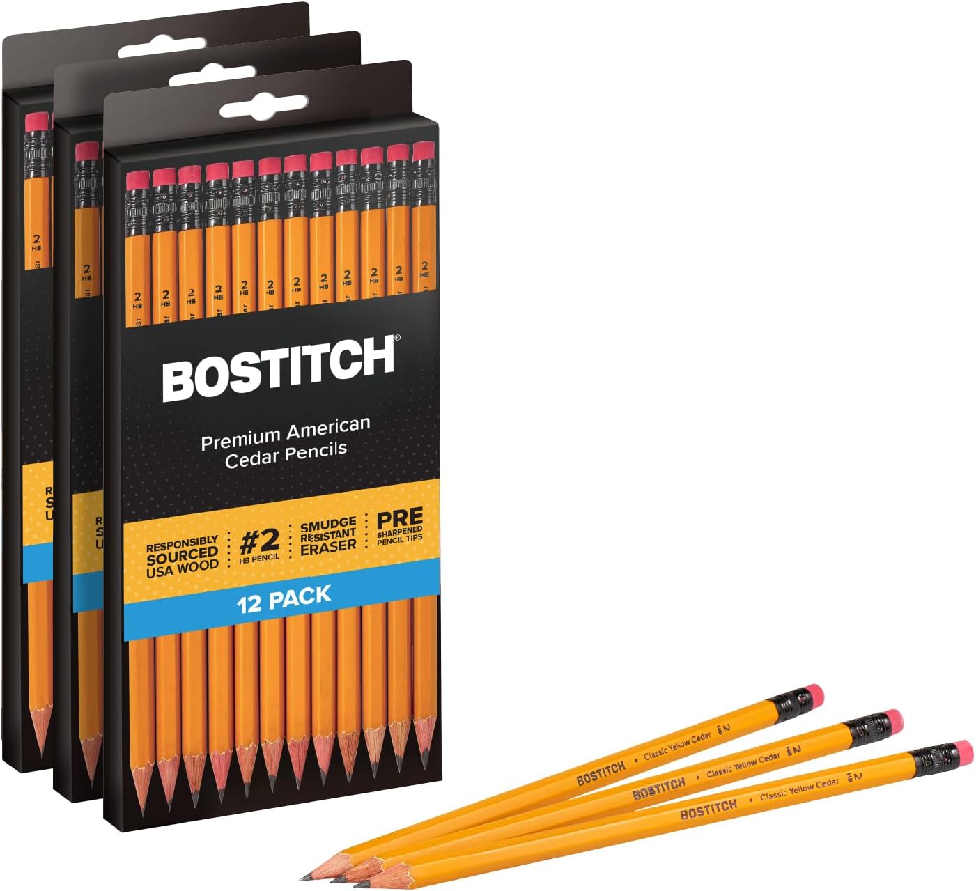 Bostitch Office Premium #2 Pencils, American Cedar Wood, Pre-Sharpened, HB Graphite, 12-Pack