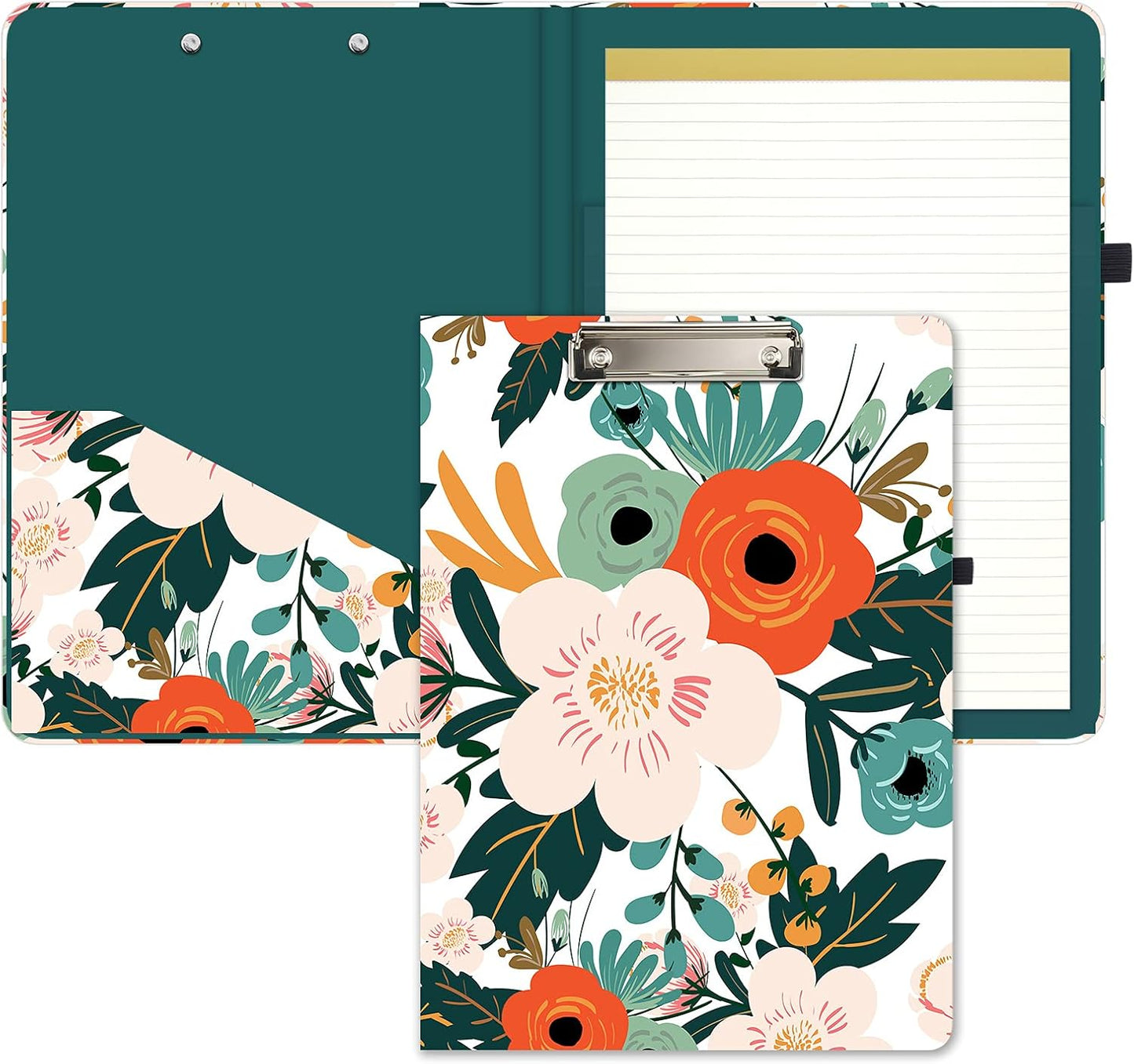 Hongri Clipboard Folio with Refillable Lined Notepad and Interior Storage Pocket for Students, Classroom, Office, Women, Man, Cute Custom Pattern, Size 12.8 x 9.2 in, Classic Flower