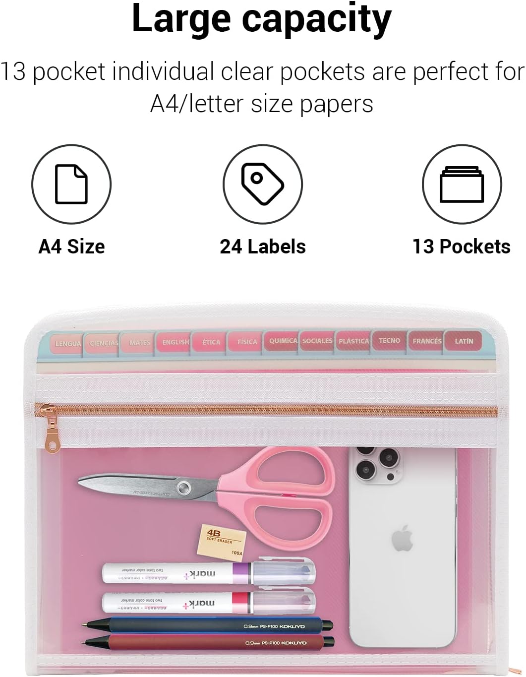 Mukawa 13 Pocket Zippered Expanding File Folder, Accordion File Organizer for Documents Letter Size A4 Papers (Pink)