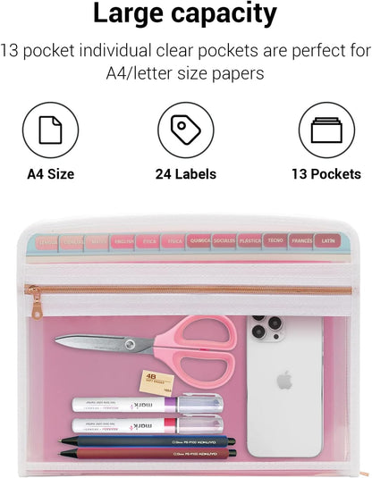 Mukawa 13 Pocket Zippered Expanding File Folder, Accordion File Organizer for Documents Letter Size A4 Papers (Pink)
