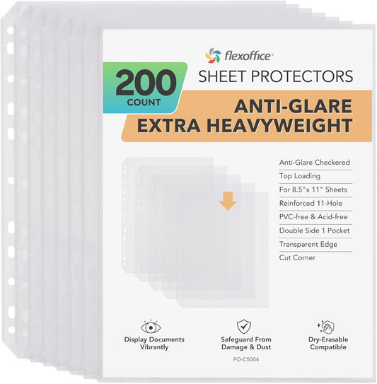 FLEXOFFICE 200 Pack, Extra Heavy Duty Sheet Protectors 8.5 x 11, Non-Glare, Top Loading 9.25 x 11.25 inch, Clear Page Protectors, Plastic Sleeves Reinforced 11-Hole Fit for 3 Ring Binder