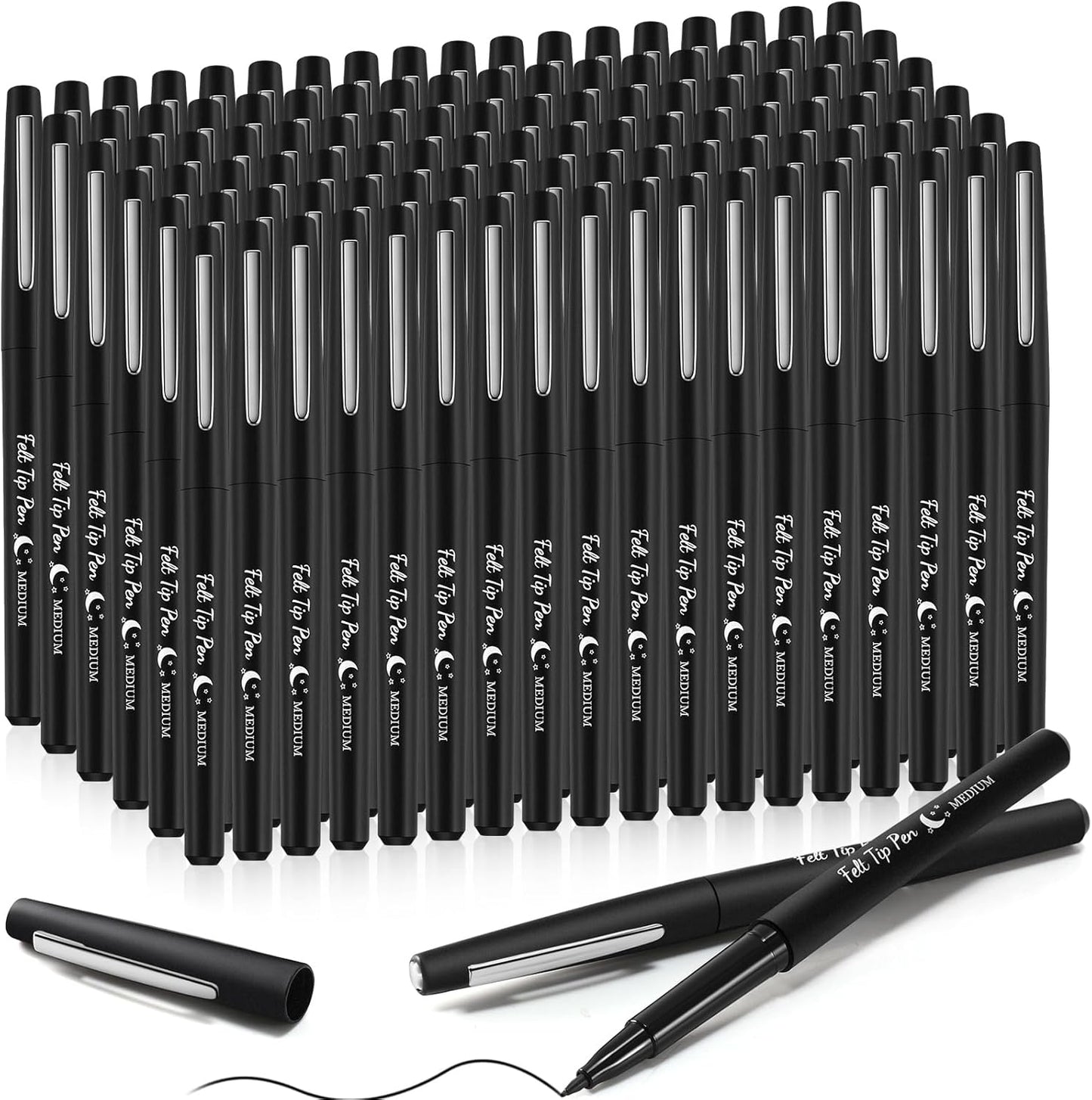 Fuyoooo 150 Pcs Black Felt Tip Pens Bulk 0.7mm Medium Point Felt Pens Journal Planner Markers Pen for Journaling, Writing, Note Taking Art Office Supplies