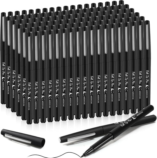 Fuyoooo 150 Pcs Black Felt Tip Pens Bulk 0.7mm Medium Point Felt Pens Journal Planner Markers Pen for Journaling, Writing, Note Taking Art Office Supplies