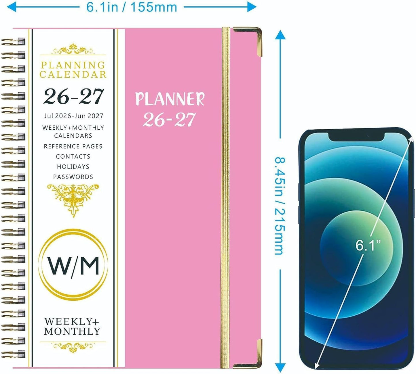 Weekly and Monthly Planner 2026-2027, Jul 2026-Jun 2027, A5 Spiral Notebook with Monthly Tabs, Holidays, Contacts, Black