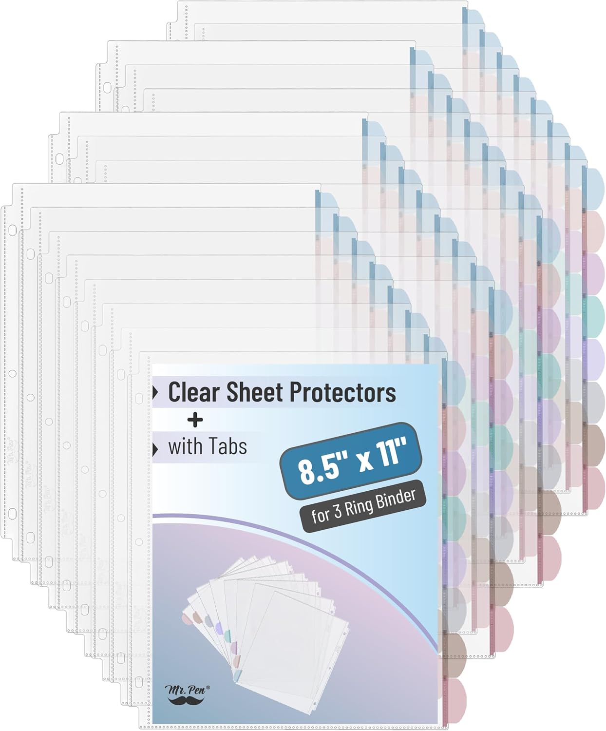 Mr. Pen- Clear Sheet Protectors with Tabs, 8.5x11 Inches, 8 Tabs, 2 Sets, Durable Clear Plastic Dividers for 3 Ring Binders, Insertable Index Page Divider with Multicolor Tabs