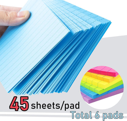 Lined Sticky Notes 4X6 in Bright Ruled Stickies Colorful Super Sticking Power Memo Pads, 45 Sheets/pad, 6 Pads/Pack