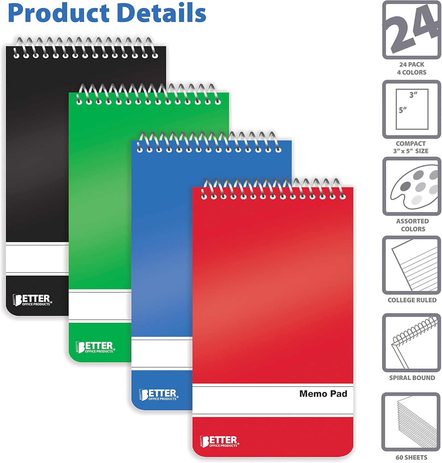 Spiral Memo Pads, 24 Pack, 3 x 5 inches, 60 Sheets, College Rule, by Better Office Products, Assorted Solid Colors, 24 Pack