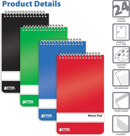 Spiral Memo Pads, 24 Pack, 3 x 5 inches, 60 Sheets, College Rule, by Better Office Products, Assorted Solid Colors, 24 Pack