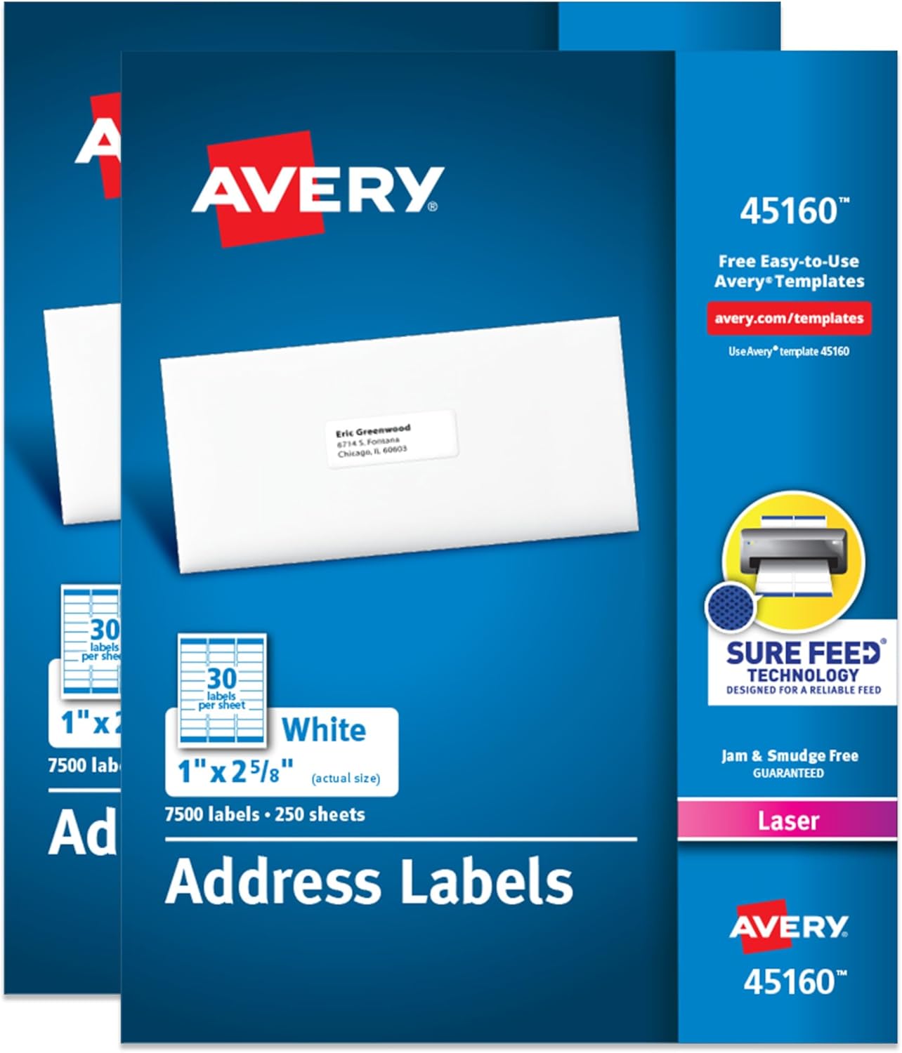 Avery Easy Peel Printable Address Labels with Sure Feed, 1" x 2-5/8" Customizable Stickers, White, 7,500 Blank Mailing Labels, Great for Mailing, Shipping, and More (45160)