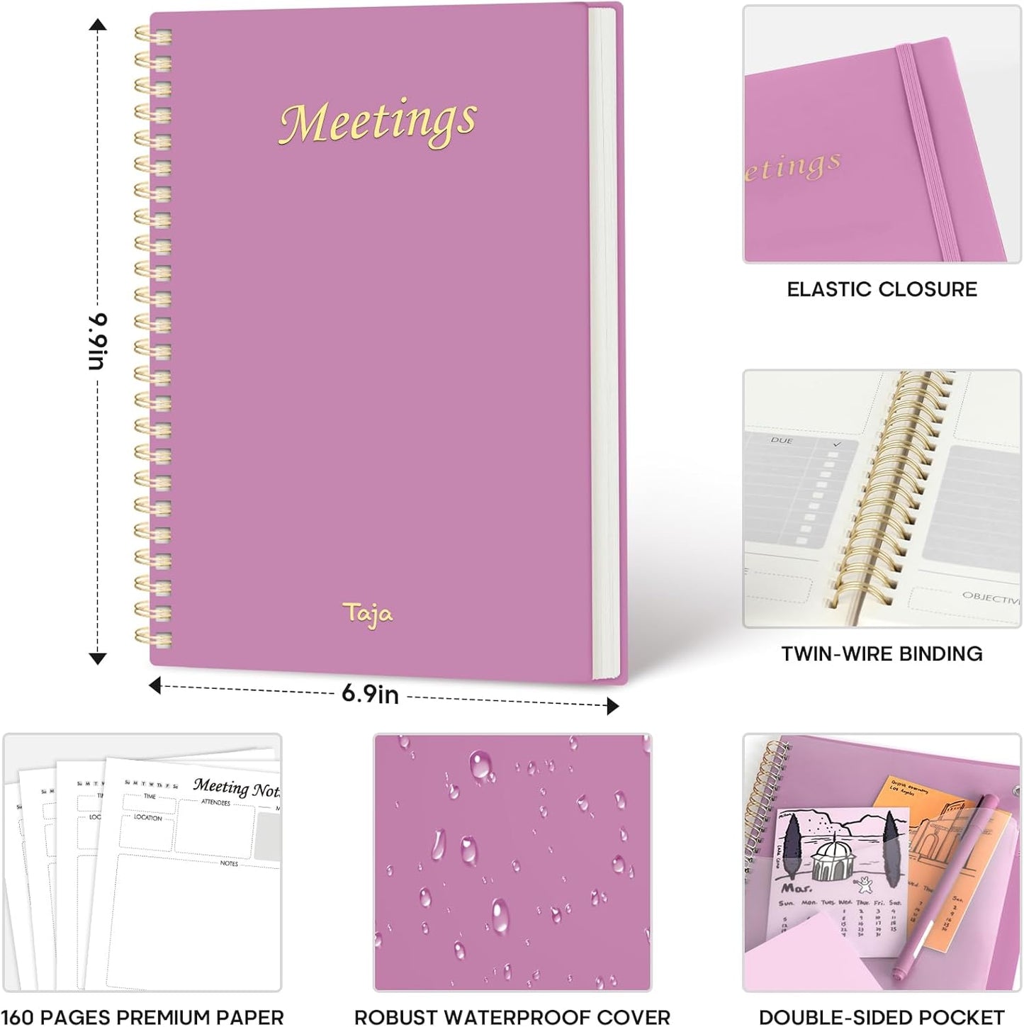 Taja Meeting Notebook for Work Organization - Work Planner Notebook with Action Items, Agenda Planner for Note Taking, 160 Pages (6.9" X 9.9") Project Organizer for Men & Women - Blue