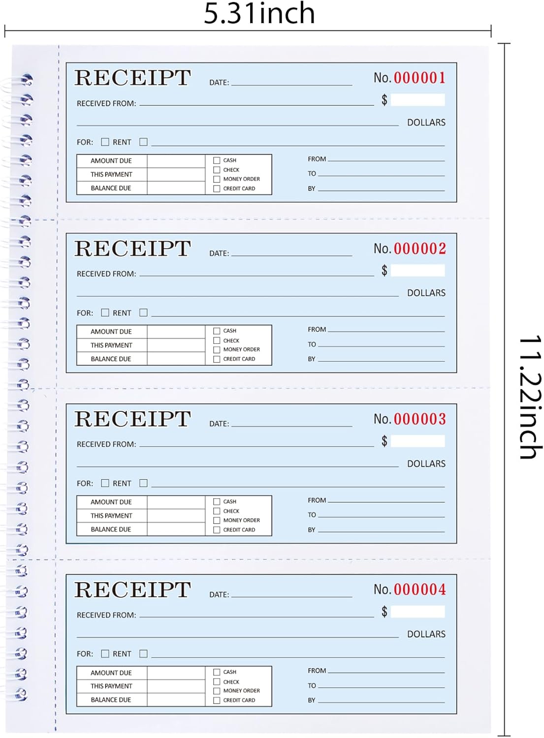 Zzrywuty Money and Rent Receipt Book with Cardboard Insert,2-Part Carbonless,5.3”x11.2” Spiral Bound,200 Sets per Book,4 Receipts per Page for Office Supplier,Rent and Cash Transaction