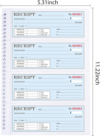 Zzrywuty Money and Rent Receipt Book with Cardboard Insert,2-Part Carbonless,5.3”x11.2” Spiral Bound,200 Sets per Book,4 Receipts per Page for Office Supplier,Rent and Cash Transaction