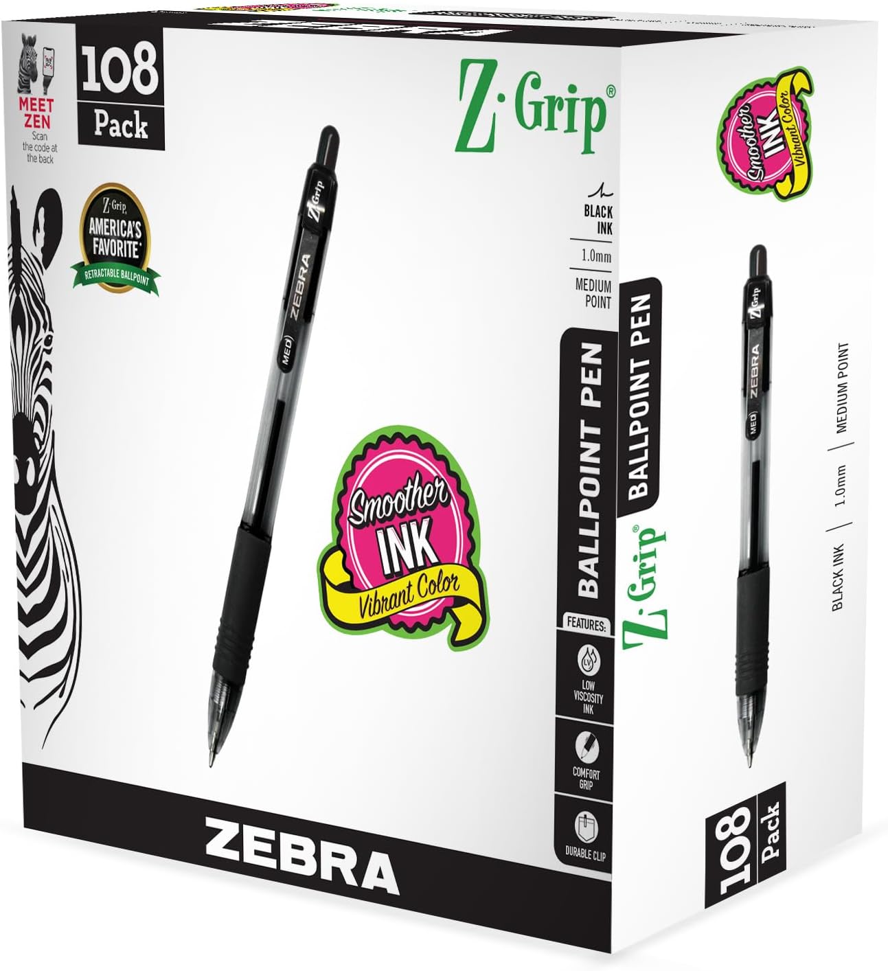 Zebra Pen Z-Grip Retractable Ballpoint Pen, Smooth-Flowing Black Ink, 1.0mm Medium Point, School & Office Supplies, Ideal for Note-Taking, Journal and Planner Use, 18-Pack (22218)