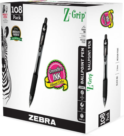 Zebra Pen Z-Grip Retractable Ballpoint Pen, Smooth-Flowing Black Ink, 1.0mm Medium Point, School & Office Supplies, Ideal for Note-Taking, Journal and Planner Use, 18-Pack (22218)