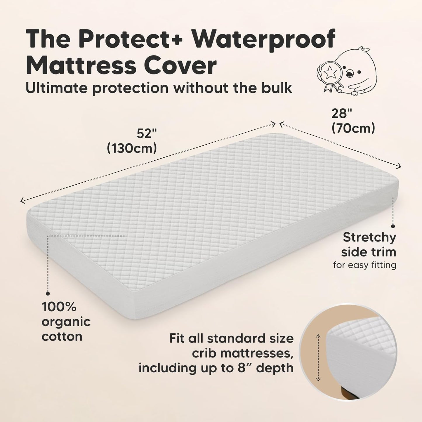 2-Pack Waterproof Crib Mattress Protector Cover Fitted - Quiet Baby Crib Mattress Pad Sheets, 52" x 28" Soft Quilted Cotton Baby Sheet, Machine Washable, Easy Fit, Durable (Soft White/Mavy)
