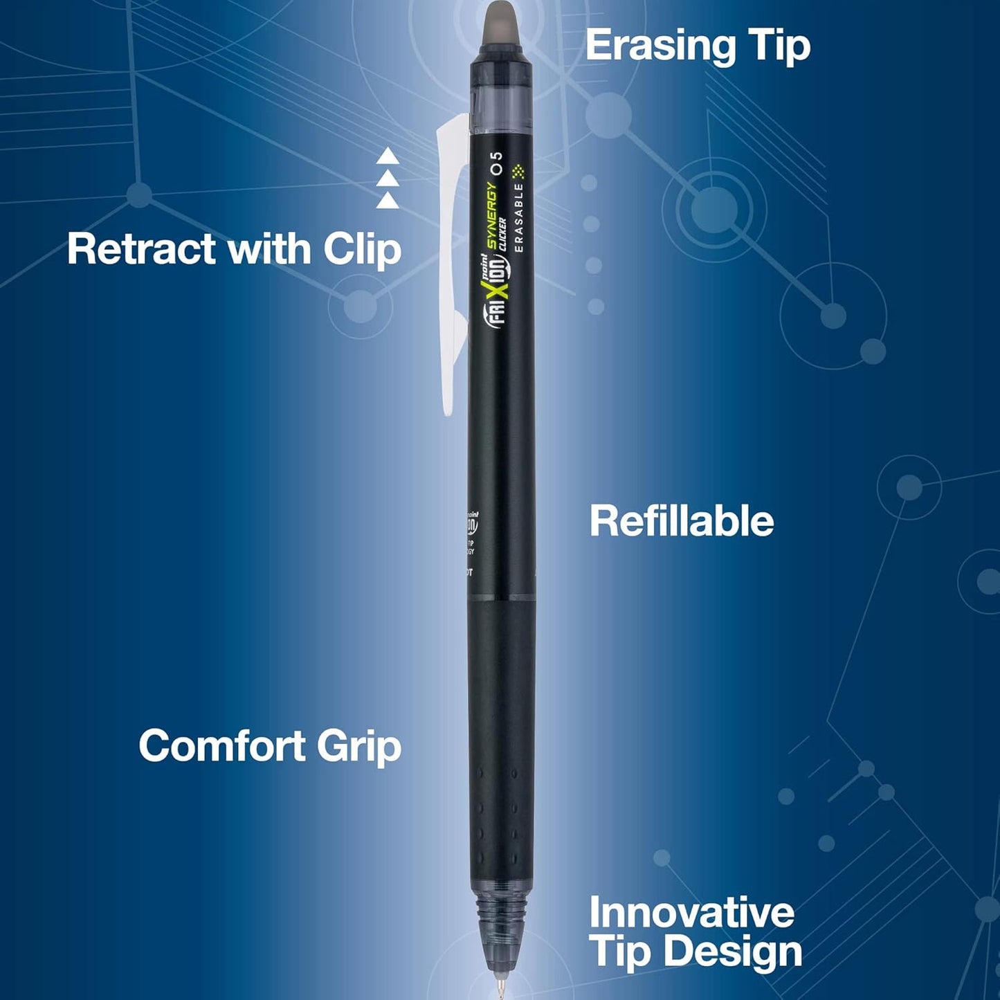 PILOT FriXion Synergy Clicker Erasable, Refillable & Retractable Gel Ink Pens, 0.5mm Extra Fine Point, Black Ink, 5-Pack