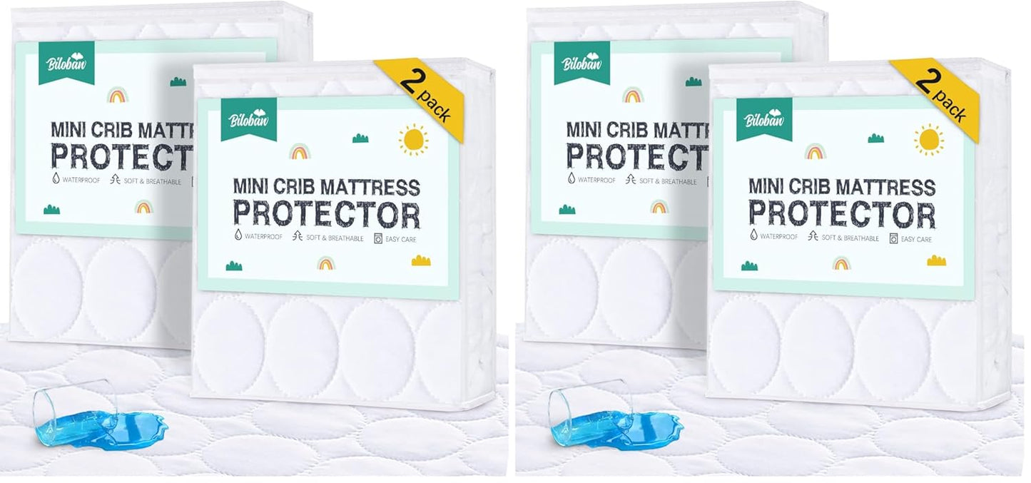 Crib Mattress Protector Sheets Waterproof 2 Pack, Quilted Crib Mattress Pad Cover Fitted Fits for Toddler Bed Mattress, White, 52” x 28”