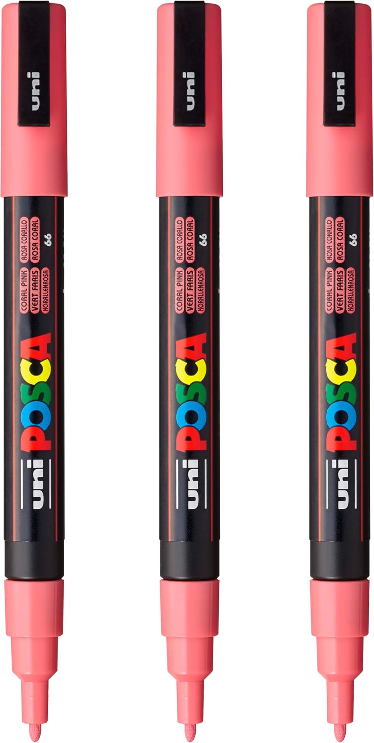 posca PC-3M Water-Based Paint Markers, Reversible Fine Tip (0.9-1.3mm), Pink, 3 Count