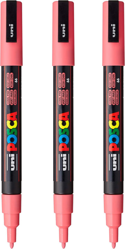 posca PC-3M Water-Based Paint Markers, Reversible Fine Tip (0.9-1.3mm), Pink, 3 Count