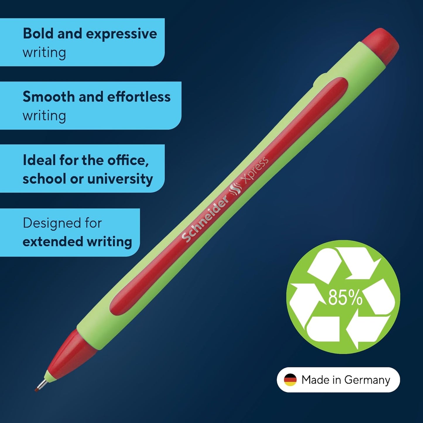 Schneider Xpress Premium Fineliner, 0.8 mm Porous Point, Light Green Barrel, Blue Ink, Box of 10 Pens (190003)