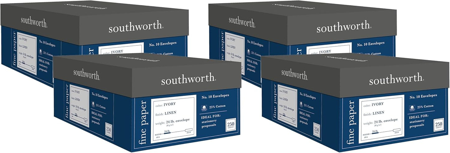 Southworth FSC Certified 55% Recycled 25% Cotton Linen Business Envelopes, #10 (4 1/8in x 9 1/2in), 24 Lb, Ivory, Box Of 250, J564-10