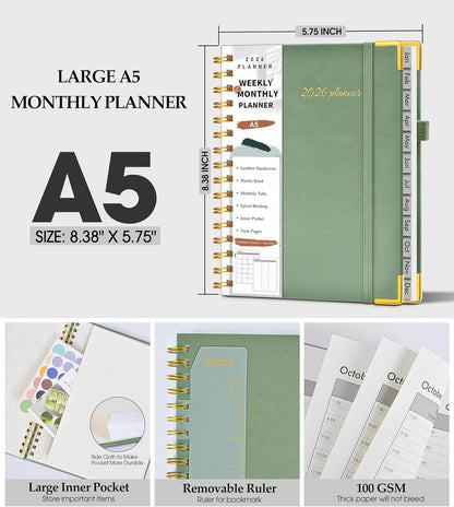 2026 Planner, Weekly and Monthly Calendar Planner from January 2026 - December 2026, 8.5" x 11" Hardcover Leather Hourly Appointment Book with Tabs, Spiral Daily Planners for School Work Home, Green