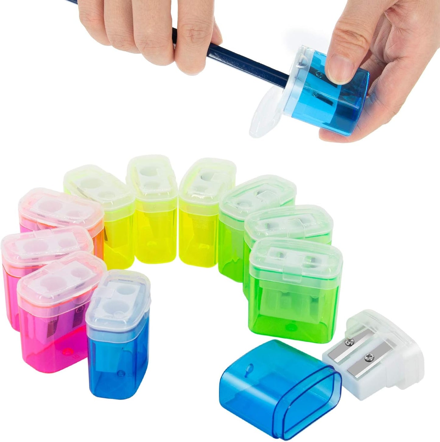 KIDMEN 24 PCS 2 Holes Small Manual Pencil Sharpener with Lid,for Kids,School
