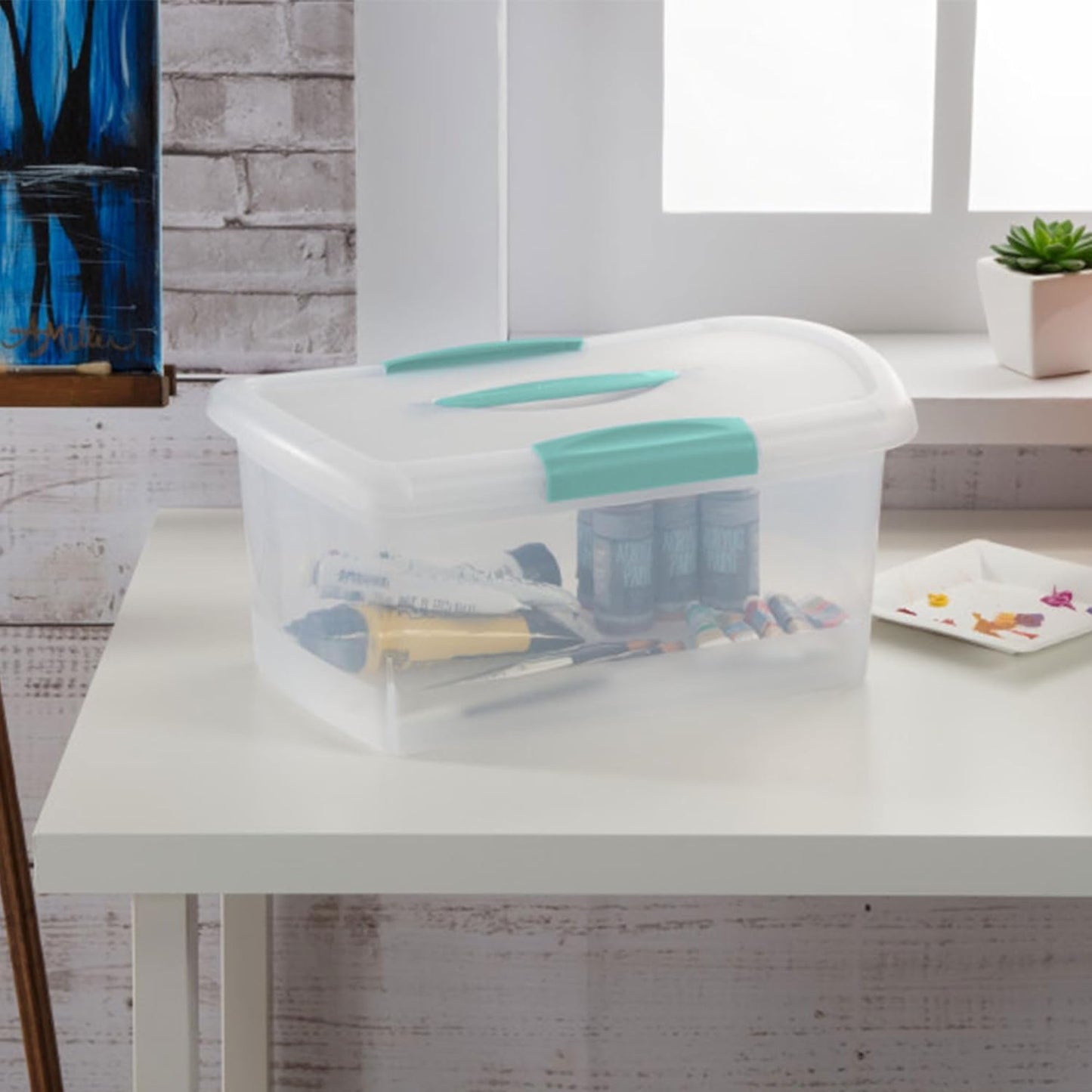 Sterilite Large Nesting ShowOffs, Stackable Small Storage Bin with Latching Lid and Handle, Plastic Container to Organize Office Files, Clear, 6-Pack