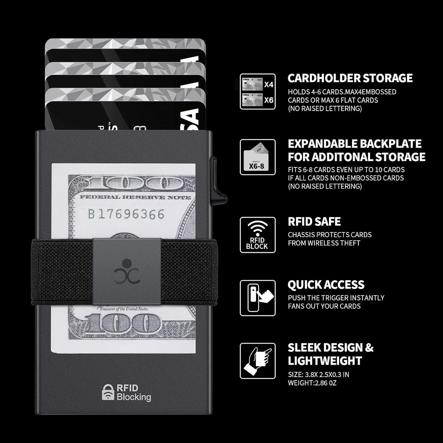 SEMORID Slim Aluminum Card Holder Wallet for Men, Durable Expandable Backplate, RFID Blocking Minimalist Metal Pop Up Wallet, Holds 12+ Cards Plus Cash (Black)