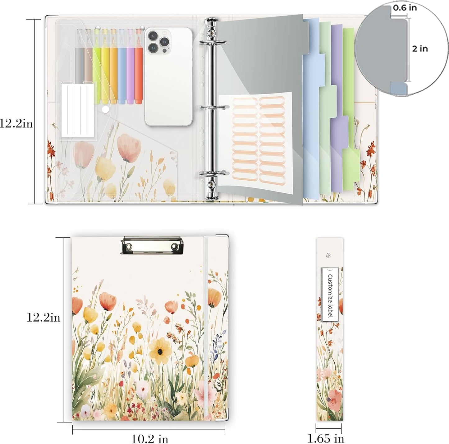 3 Ring Binder 1 Inch, Three Ring Binders Organizer with Clipboard, 5-Tabs Pockets Dividers, Plastic Folder, 18 Divider Stikers, BVSSX Pretty Binder with Pen Loop (Black Weeds, Letter Size)