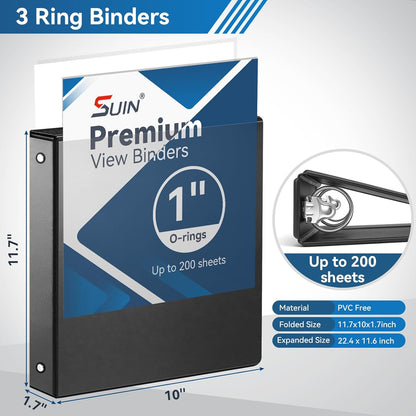 SUIN 1-inch 3 Ring Binder with 2 Interior Pockets, 1''Durable Binders Holds US Letter Size 8.5'' x 11'' Paper - Versatile Binders for Office, Home, and School Use, 6 Pack Black
