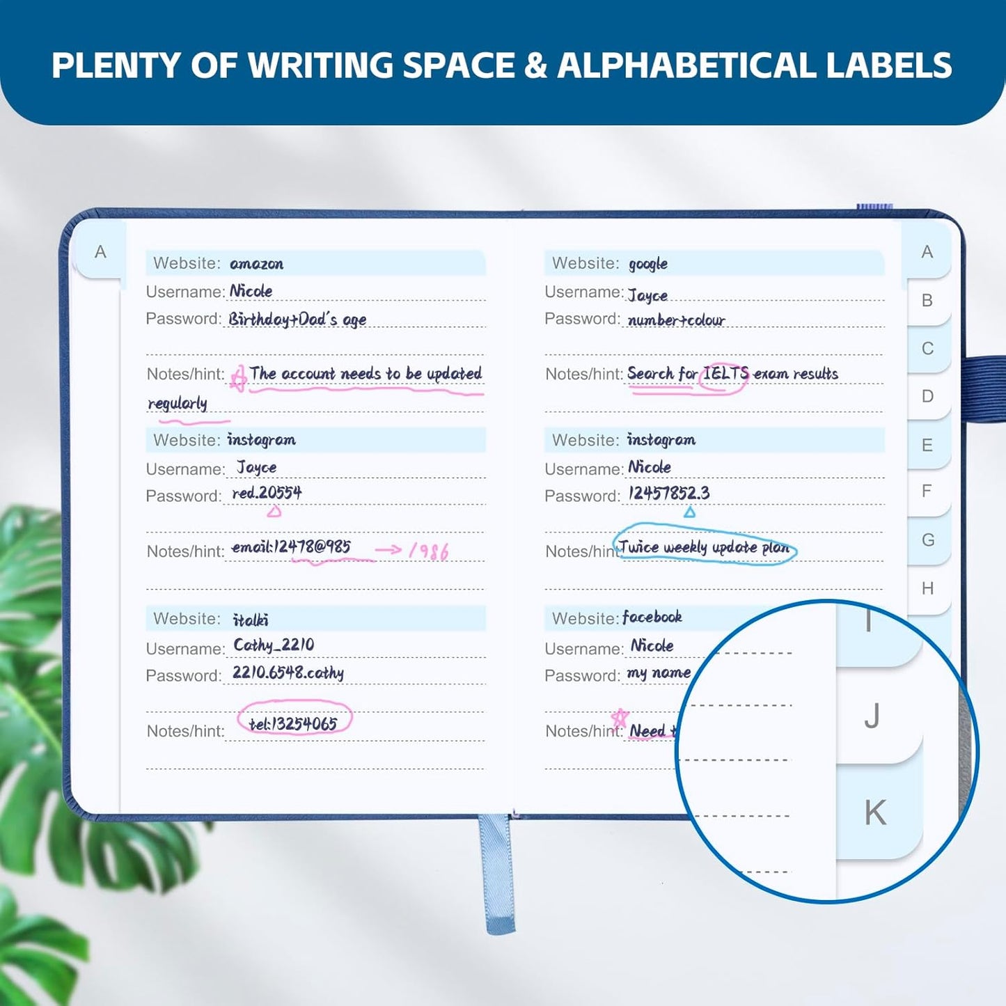 MOSA BEAR Password Keeper Book with Alphabetical Tabs，4.3"x5.7" Small Password Books for Seniors Password Notebook for Internet Website Address Log in Detail（Dark Blue）