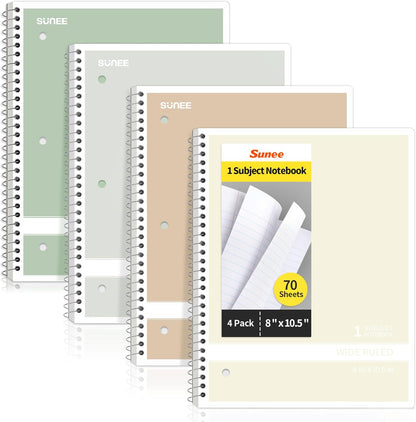 SUNEE Spiral Notebooks Wide Ruled, 1-Subject, 4 Pack, 8 x 10-1/2 in, 70 Sheets, 3-Hole Punched 70gsm Paper, Pastel Pink, Purple, Blue, Green for School, Home & Office, Writing Journal