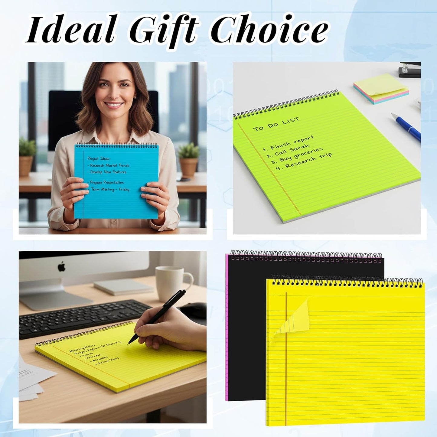MotiMind 4 Pcs Legal Pads Landscape Notebooks Hole Punched Top Spiral Bound Notebooks 11 x 9.5 Inch College Ruled Drawing Notepad Tear Line for Removal 50 Sheet Office Steno Book(White)