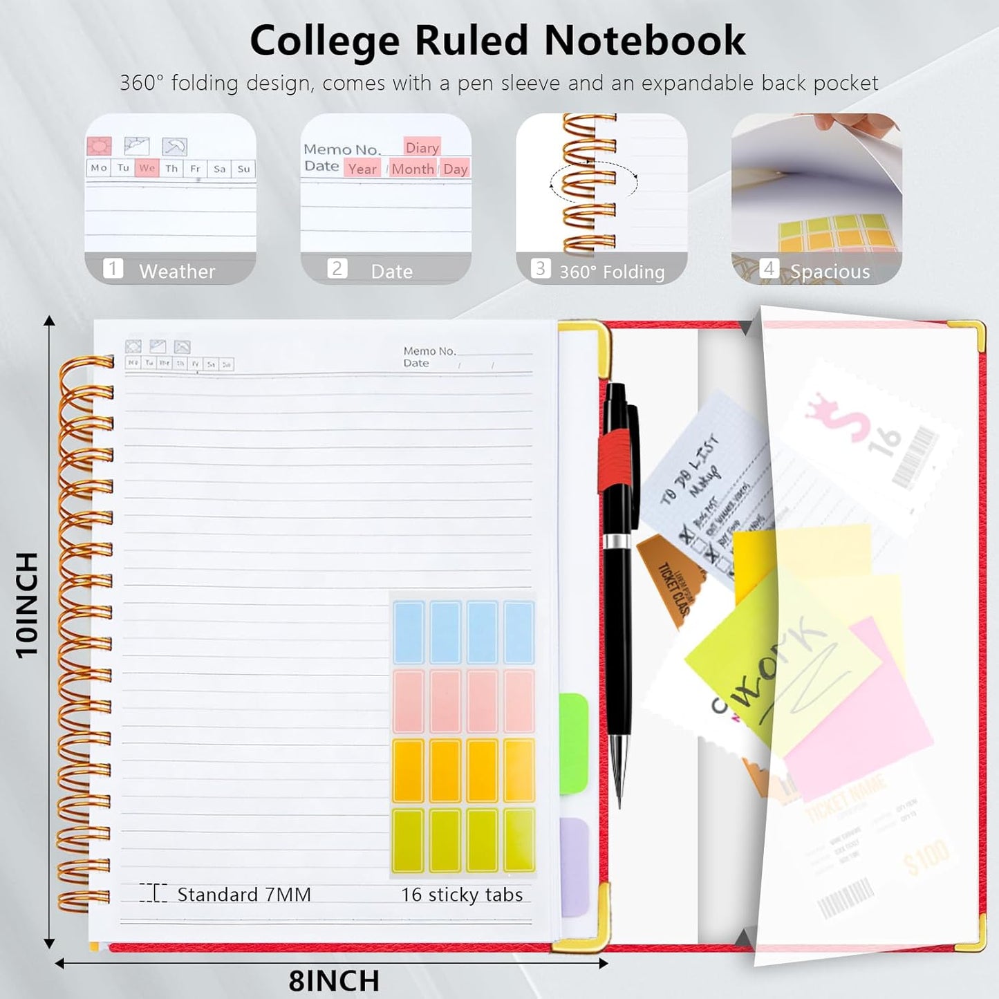 Hardcover Spiral Notebook College Ruled, 8"x10" Leather Journal Notebook with Magnetic Closure, 300 Pages 5 Subject Notebook with Dividers Tabs Journal for Women Men, Work, School(Rose Red)