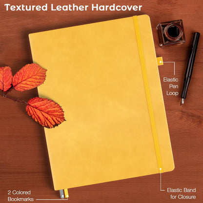 College Ruled Notebook, A4 Hardcover Leather Notebook for Work, Lined Notebook Journal for Women, Men, 192 Thick Paper, Lay Flat, Large Notebook with 2 Pockets, Professional Business Notebook, Black