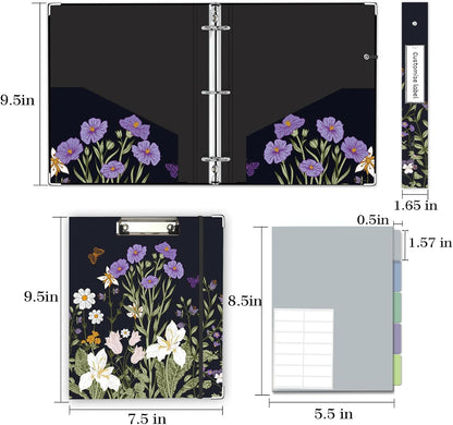 3 Ring Binder 1 Inch, Three Ring Binders Organizer with Clipboard, 5-Tabs Pockets Dividers, Plastic Folder, 18 Divider Stikers, BVSSX Pretty Binder with Pen Loop (Black Weeds, Letter Size)