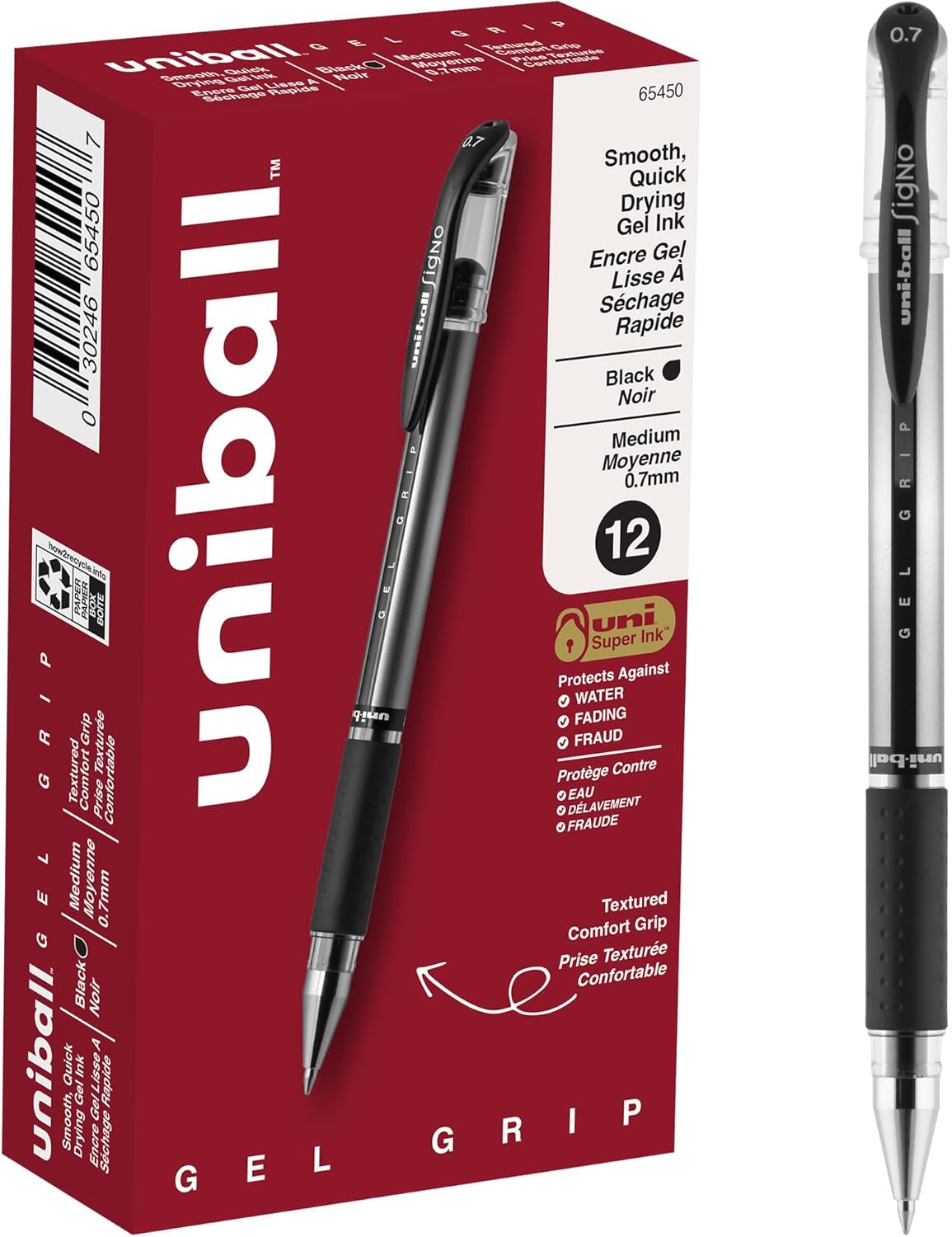 uniball Gel Grip Gel Pens, Medium Point (0.7mm), Blue, 12 Pack