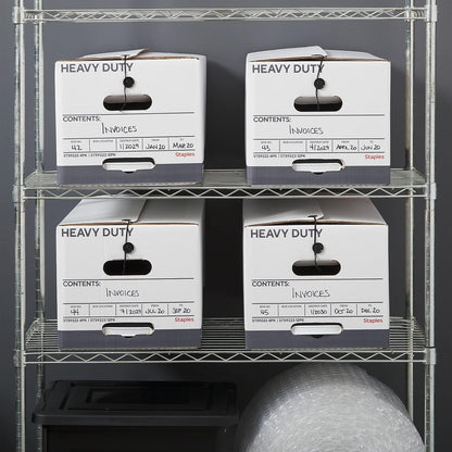 STAPLES Storage & Filing Box, Heavy-Duty with Handles & String-Button Lid, Letter Size Documents, Stackable, 4-Pack, White/Gray
