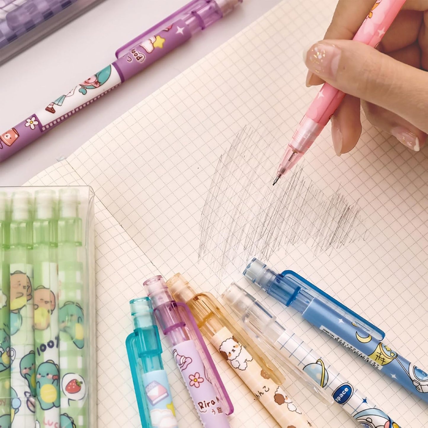 MOZXIRZ 4 Pcs Cute Mechanical Pencils with Top Eraser 0.5mm Cartoon Space Mechanical Pencil School Pencil for Women (6pcs Space)