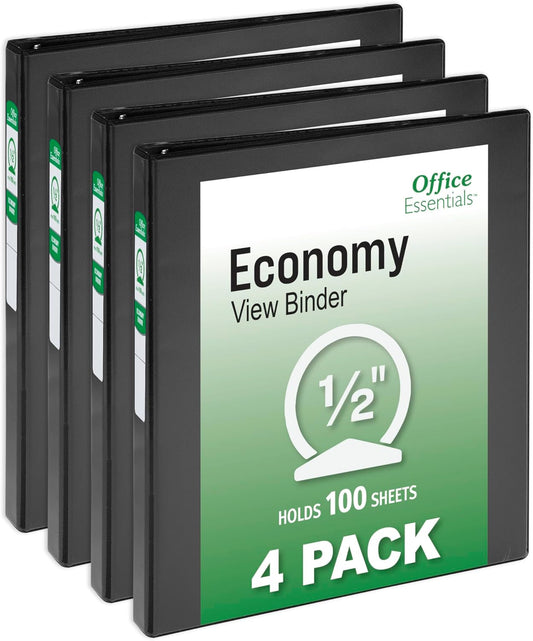 Office Essentials Economy View 3 Ring Binders, 2" Round Rings, 2.8" Spine, 375-Sheet Capacity, Black Binders (4-Pack of 03147)