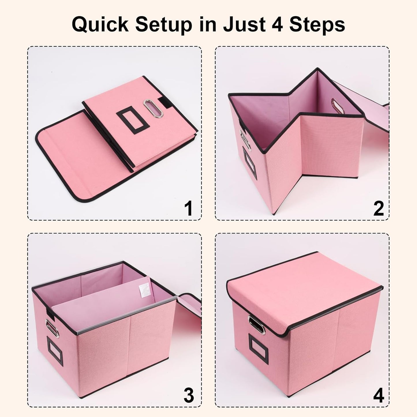 File Storage Box with Lid, 15.55x12.87x10.43 Inches, Foldable Organizer with Handles & Label Slot, for File Storage, Home, Office, and Closet Organization(Pink)