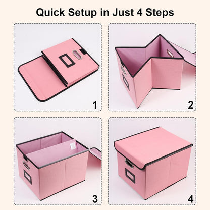 File Storage Box with Lid, 15.55x12.87x10.43 Inches, Foldable Organizer with Handles & Label Slot, for File Storage, Home, Office, and Closet Organization(Pink)
