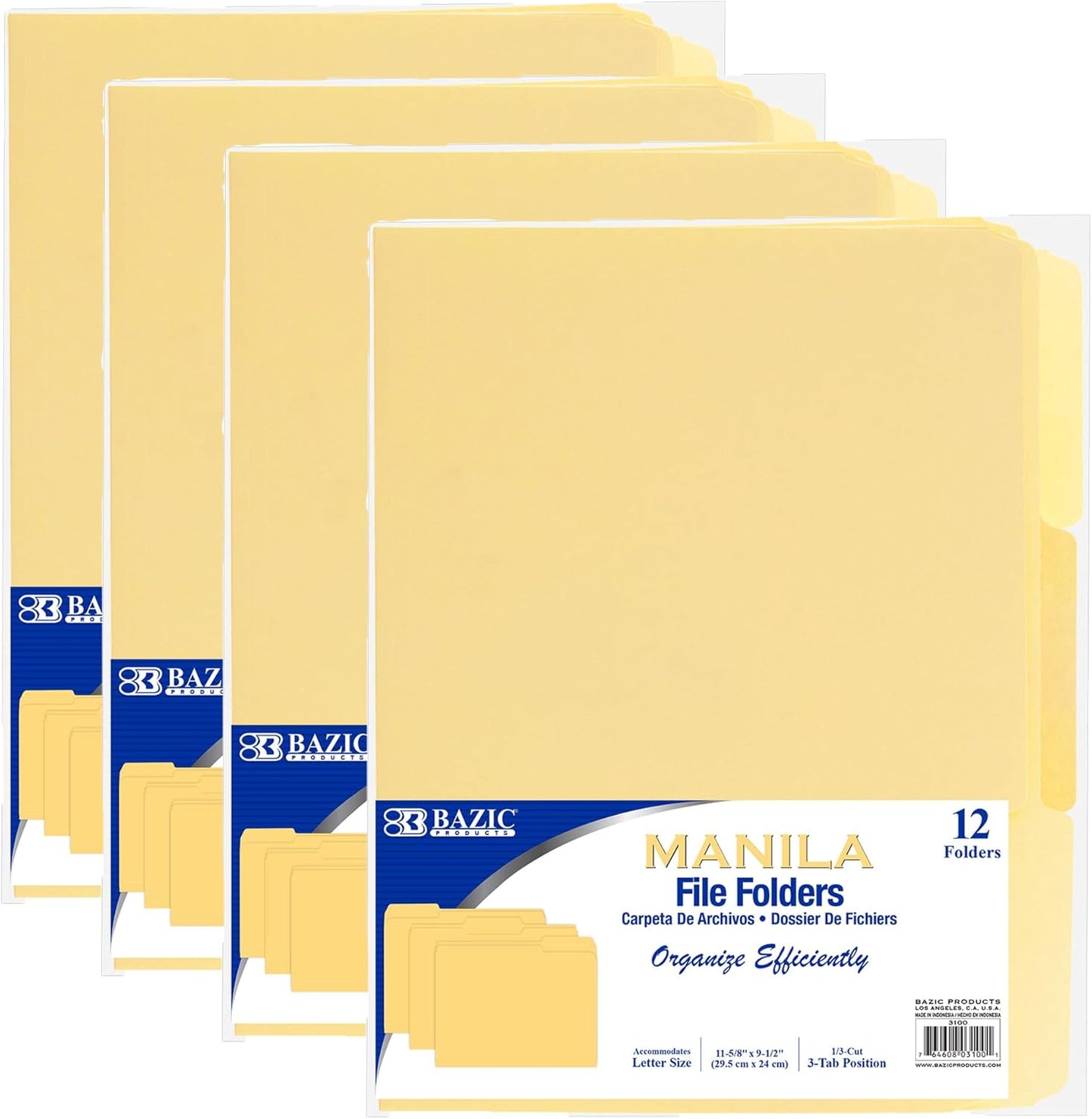 BAZIC Products Manila File Folders, 1/3-Cut Letter Size with Left, Right, and Center Tab Positions, Ideal for Organizing and Filing Documents, 12/Pack, 1-Pack