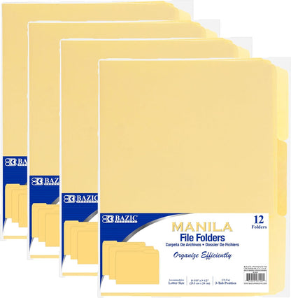 BAZIC Products Manila File Folders, 1/3-Cut Letter Size with Left, Right, and Center Tab Positions, Ideal for Organizing and Filing Documents, 12/Pack, 1-Pack